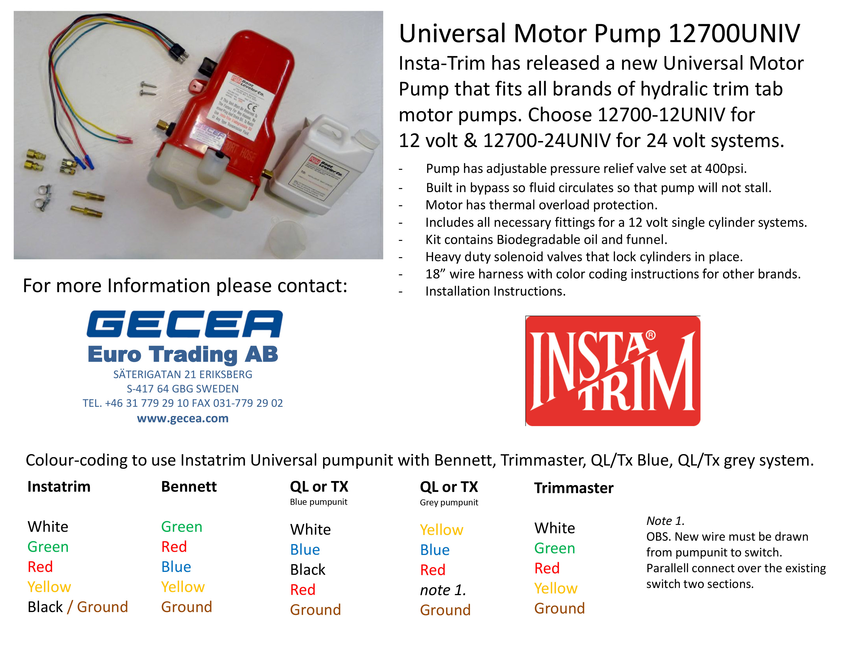 Komplett pumpenhet Instatrim 12V Universal-version