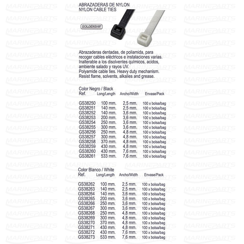 Valged nailonist kaablisidemed 533 X 7,6 (100 tk)