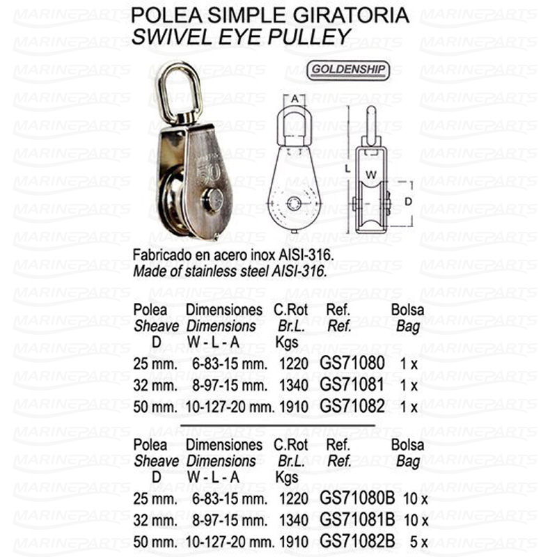 SWIVEL EYE PULLEY - SINGLE SHEAVE 8 mm