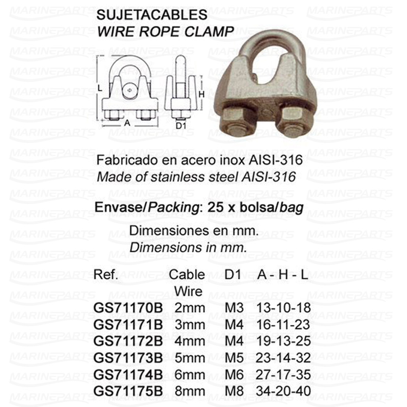 WIRE ROPE CLAMP SS (Units 25) 19x13x25mm