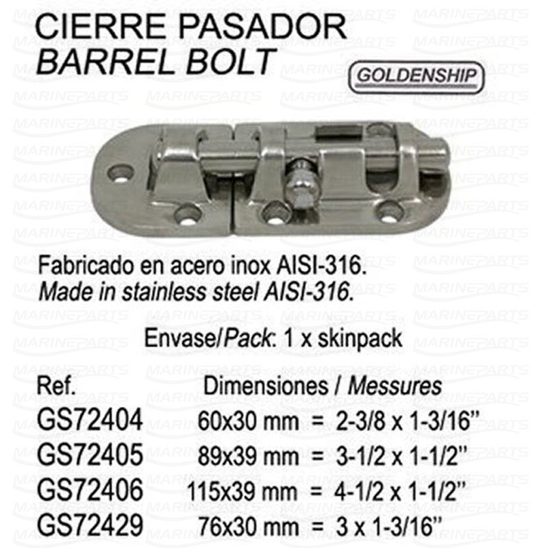 SS BARREL BOLT 89X39