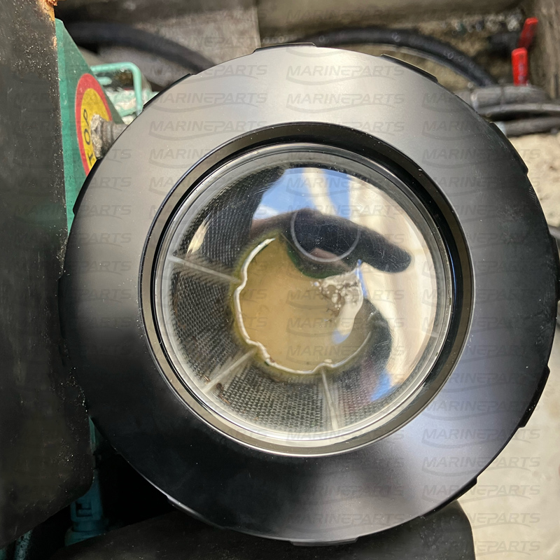 Cap, transparent sea water strainer for Volvo Penta diesel engines in aluminium
