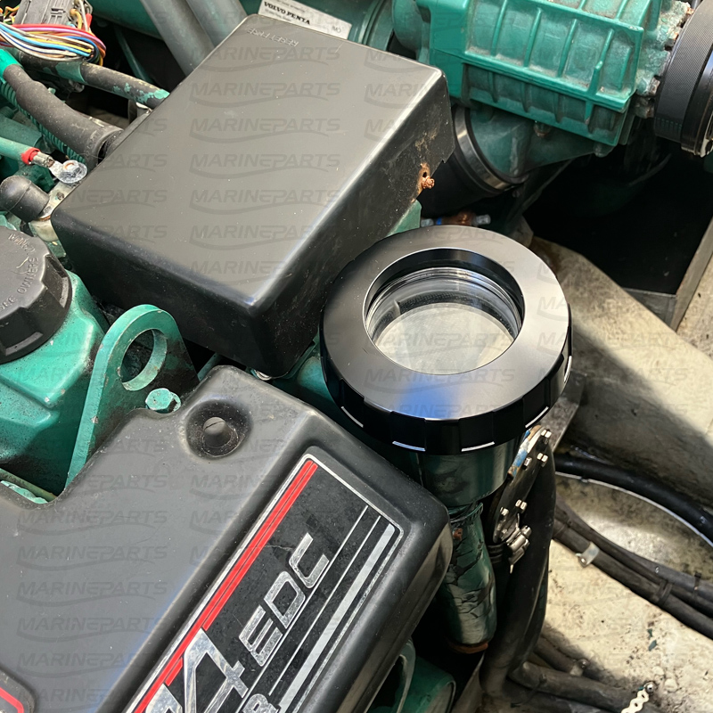 Cap, transparent sea water strainer for Volvo Penta diesel engines in aluminium