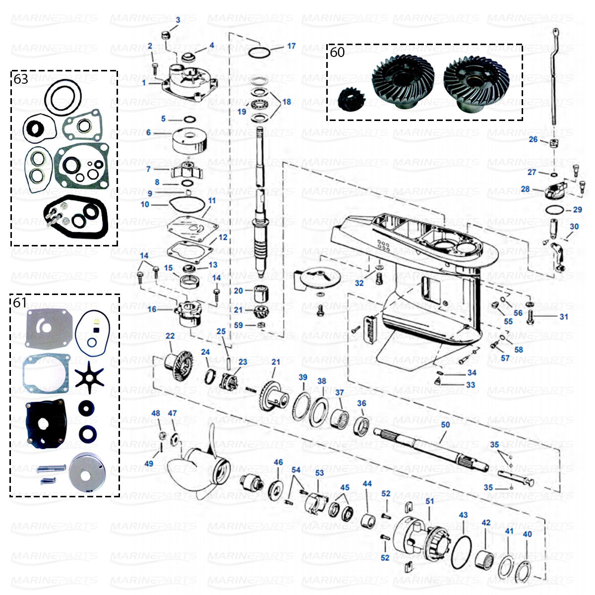 Gearcase parts 2-Cyl. Loopcharged 40-50 HP (1989-2005) SMALL HOUSING