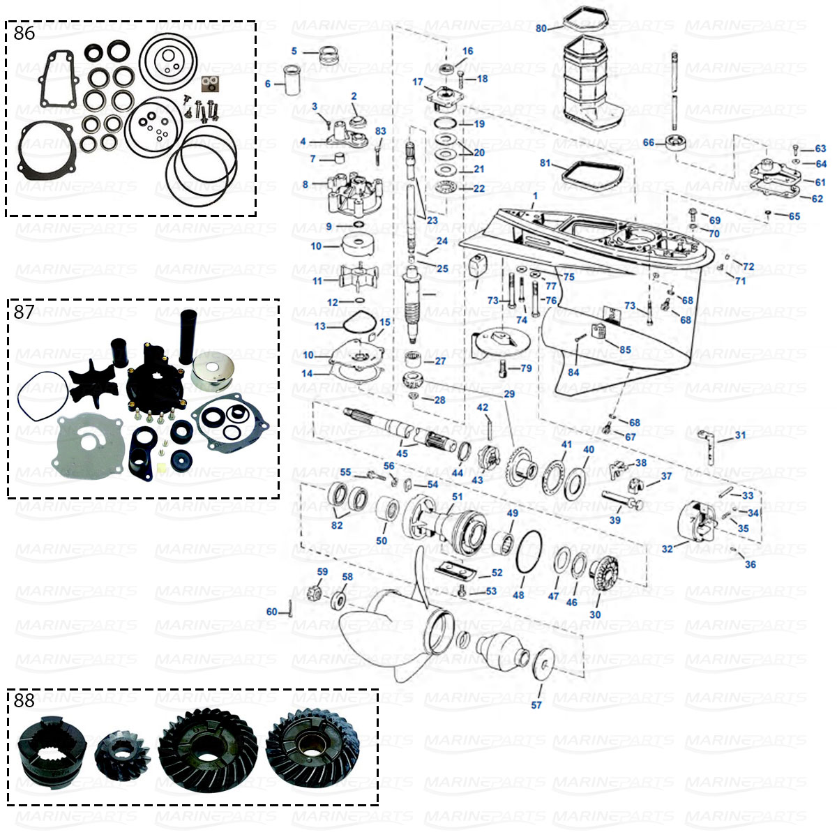 Gearcase parts Evinrude/Johnson V4 60° (1995-2006)