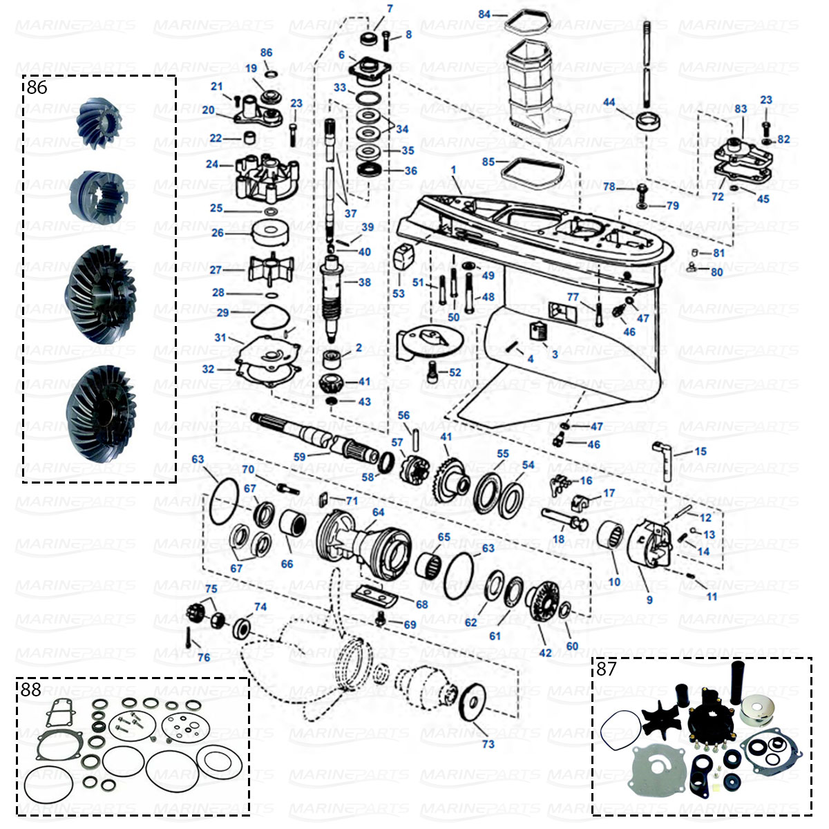 Gearcase parts Evinrude/Johnson V4/V6 type 