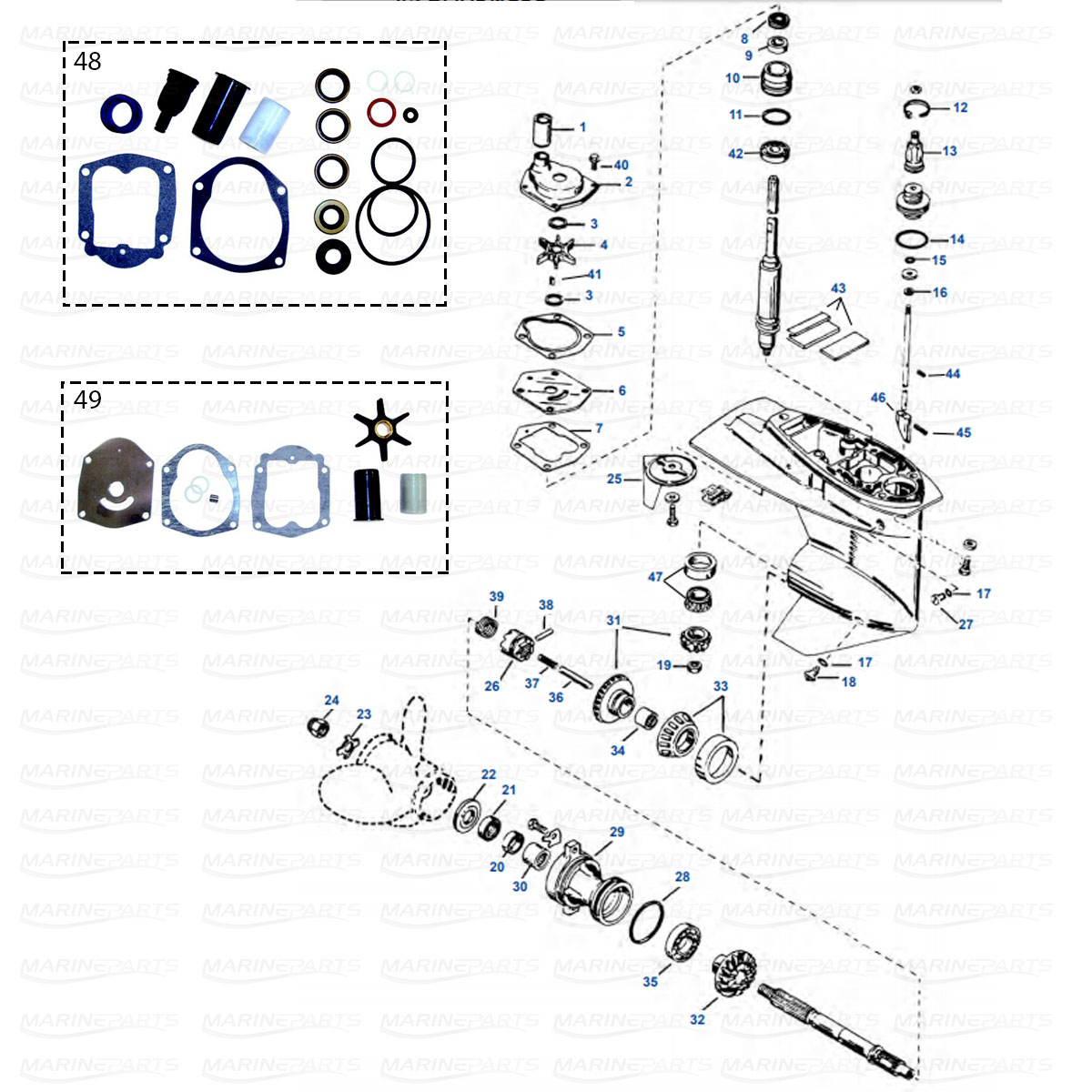 Gearcase parts Mercury/Mariner 25 hp (4S), 30 hp (2-cyl.), 40 hp, 50 hp (2 & 3-cyl.) 2T & 4T