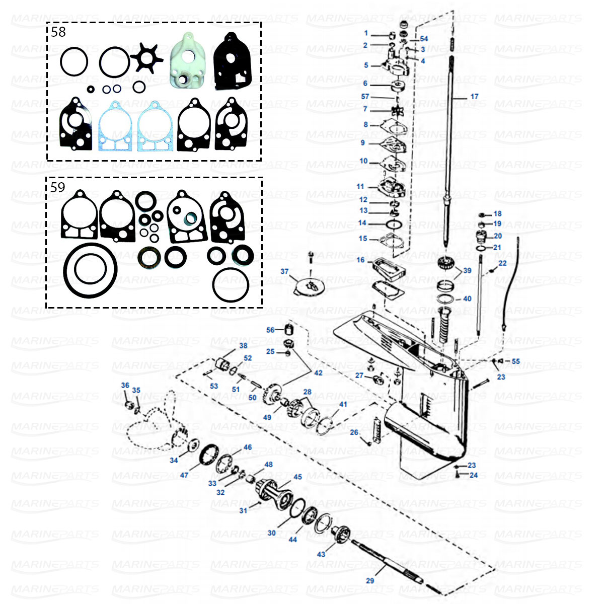 Alaosan varaosia Mercury/Mariner 35-70 hv (2, 3 & 4-syl.)