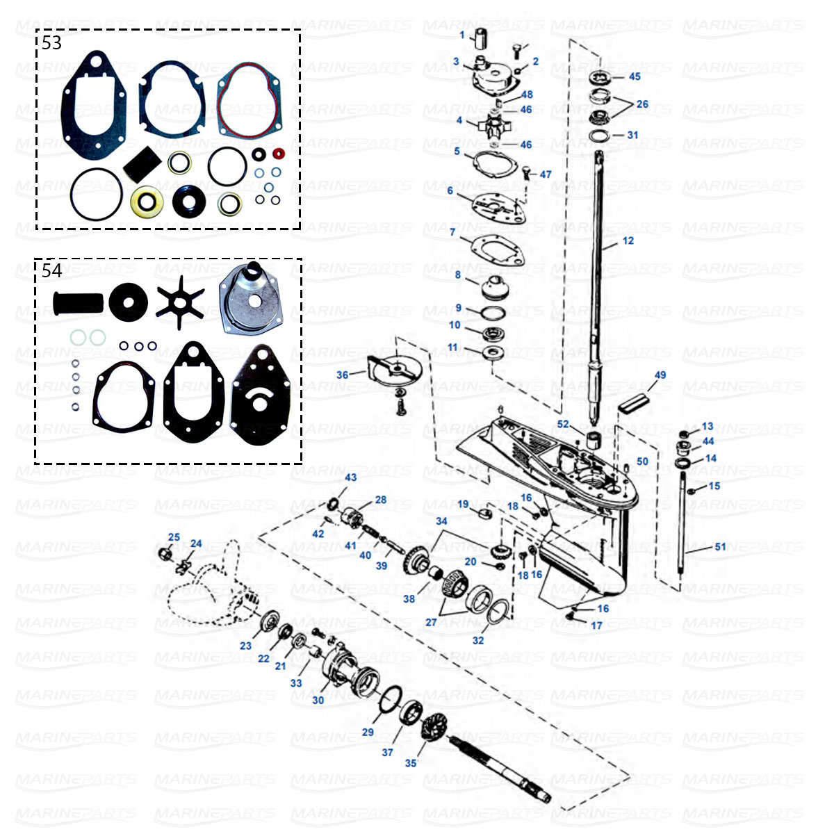 Gearcase parts Mercury/Mariner 50, 55, 60 hp (3-cyl., 2T) & 40, 50, 60 hp EFI (4-cyl., 4T)