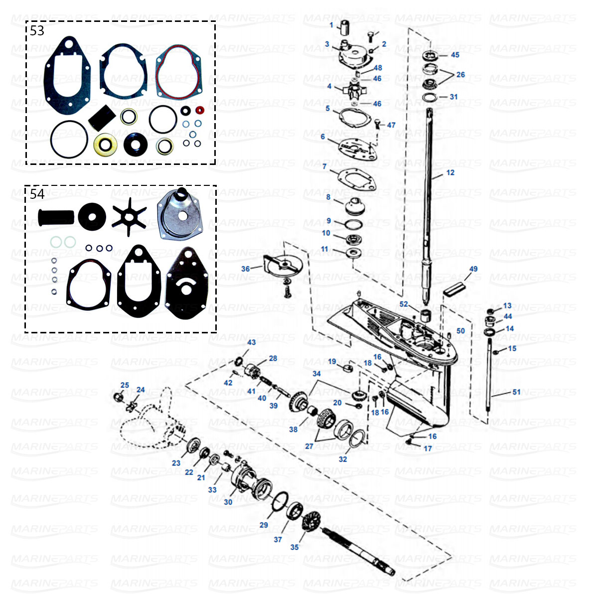 Mercury / Mariner gearcase parts for outboard motor, marineparts.eu