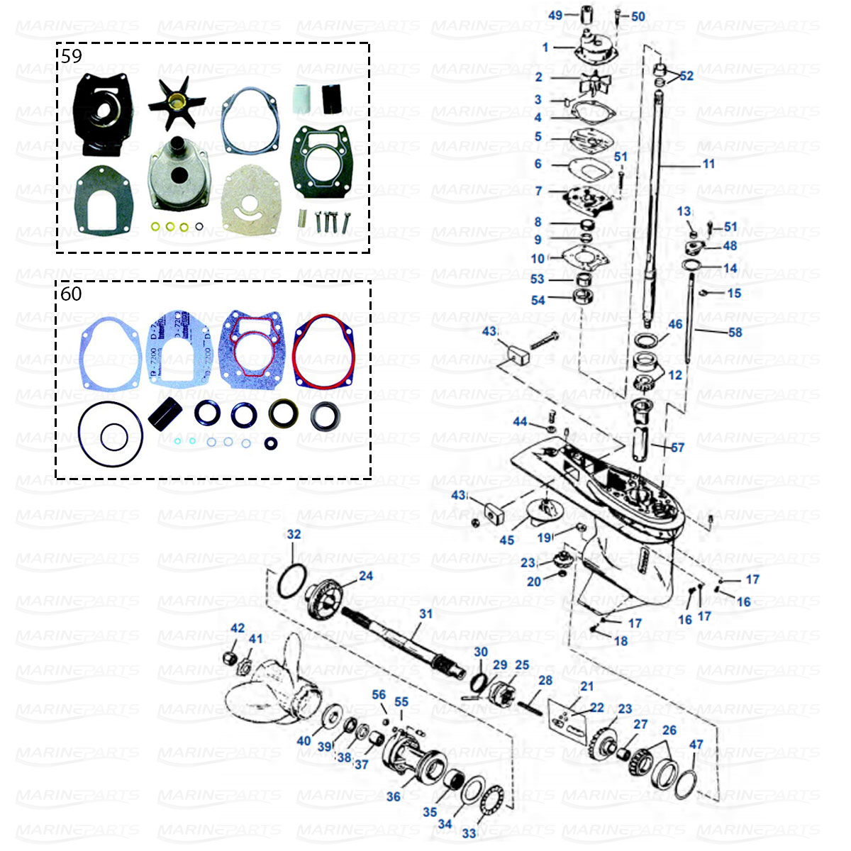 Gearcase parts Mercury/Mariner 30-125 hp (3 & 4-cyl., 2T & 4T)