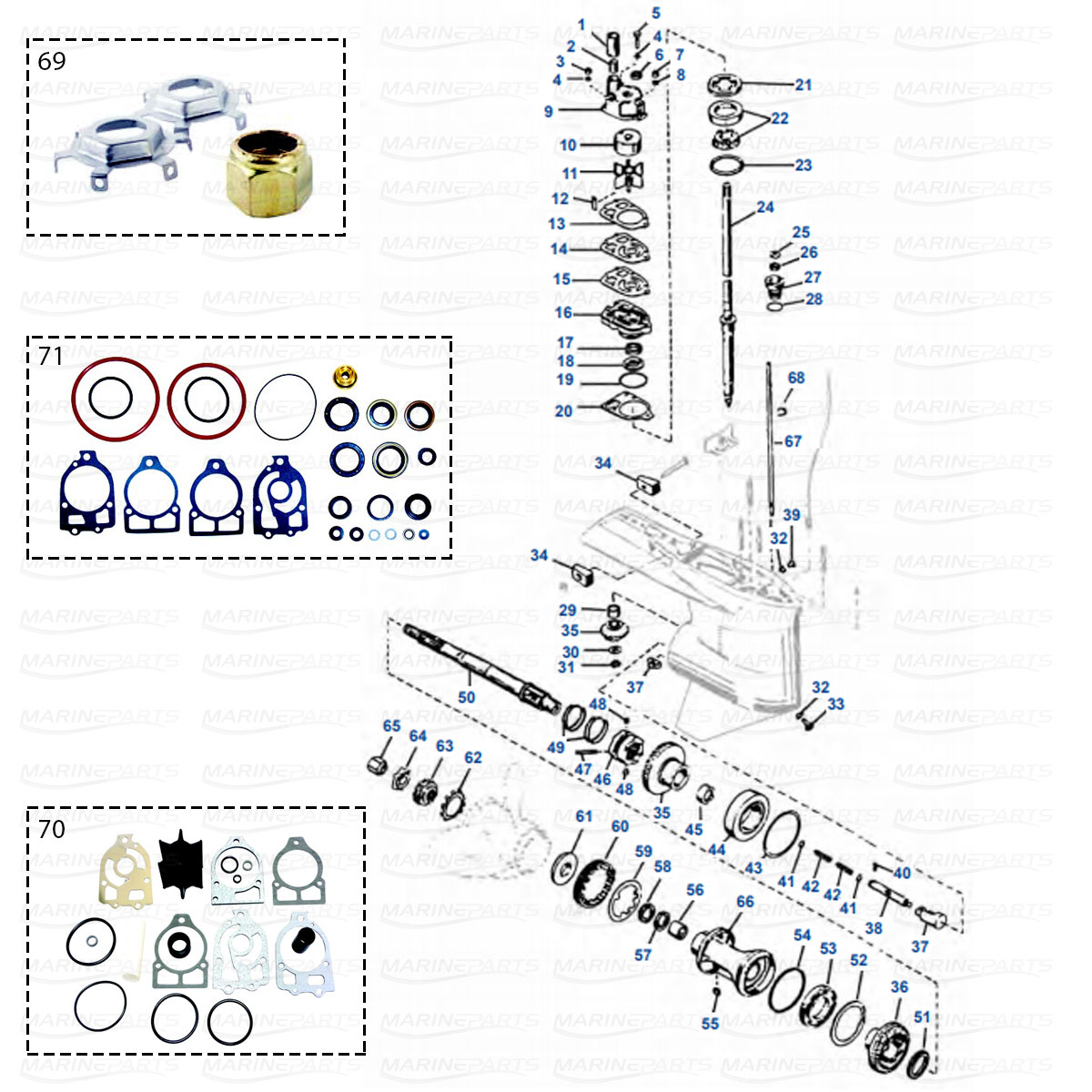 Gearcase parts Mercury/Mariner L4, L6 & V6 (65-225 hp)