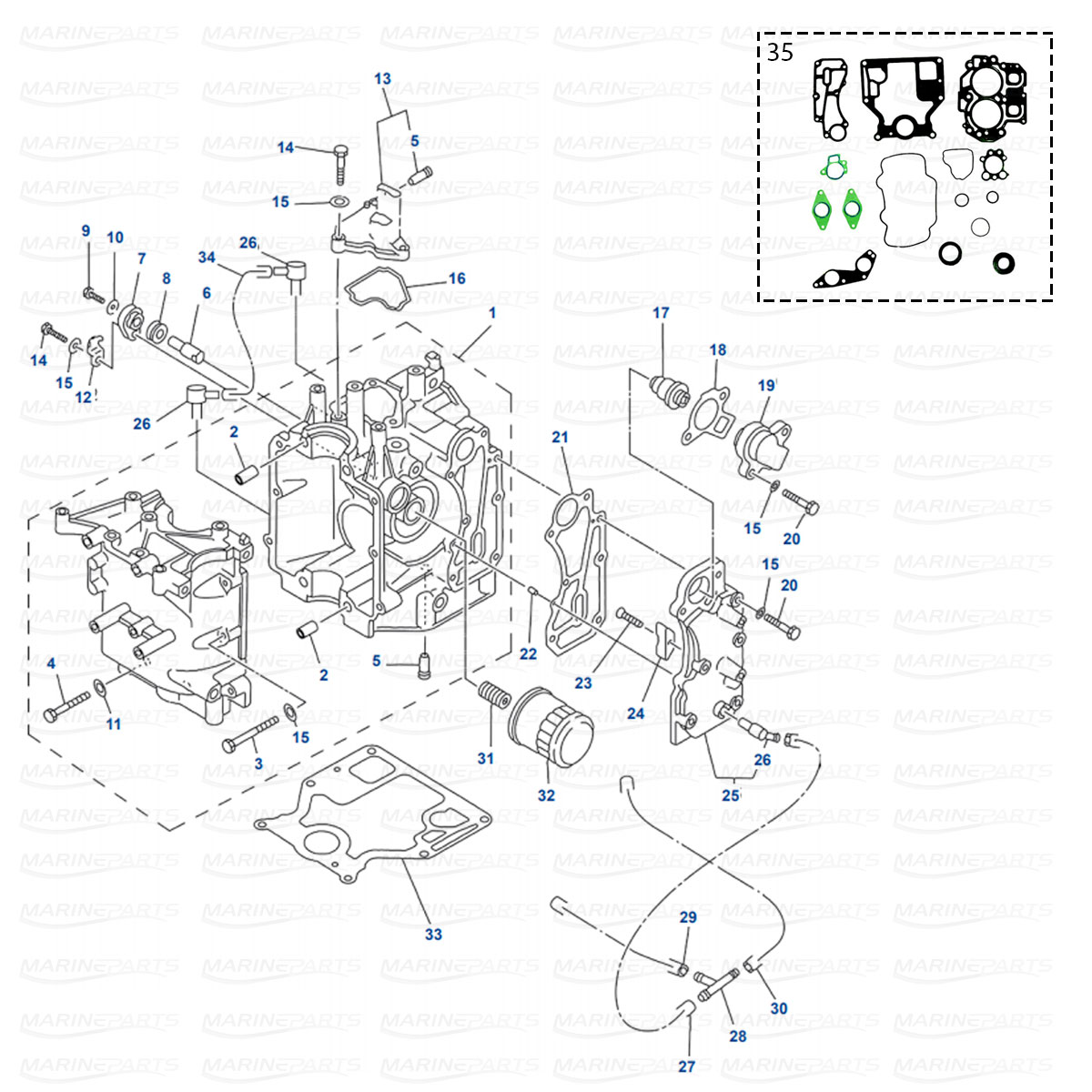 Crankcase Mercury 8 (Bodensee)(OP086824-OP4000999), 9.9 (323 CC, OP075166-OP400999), 13.5 (OP134638+), 15 (9973100+) 4-stroke