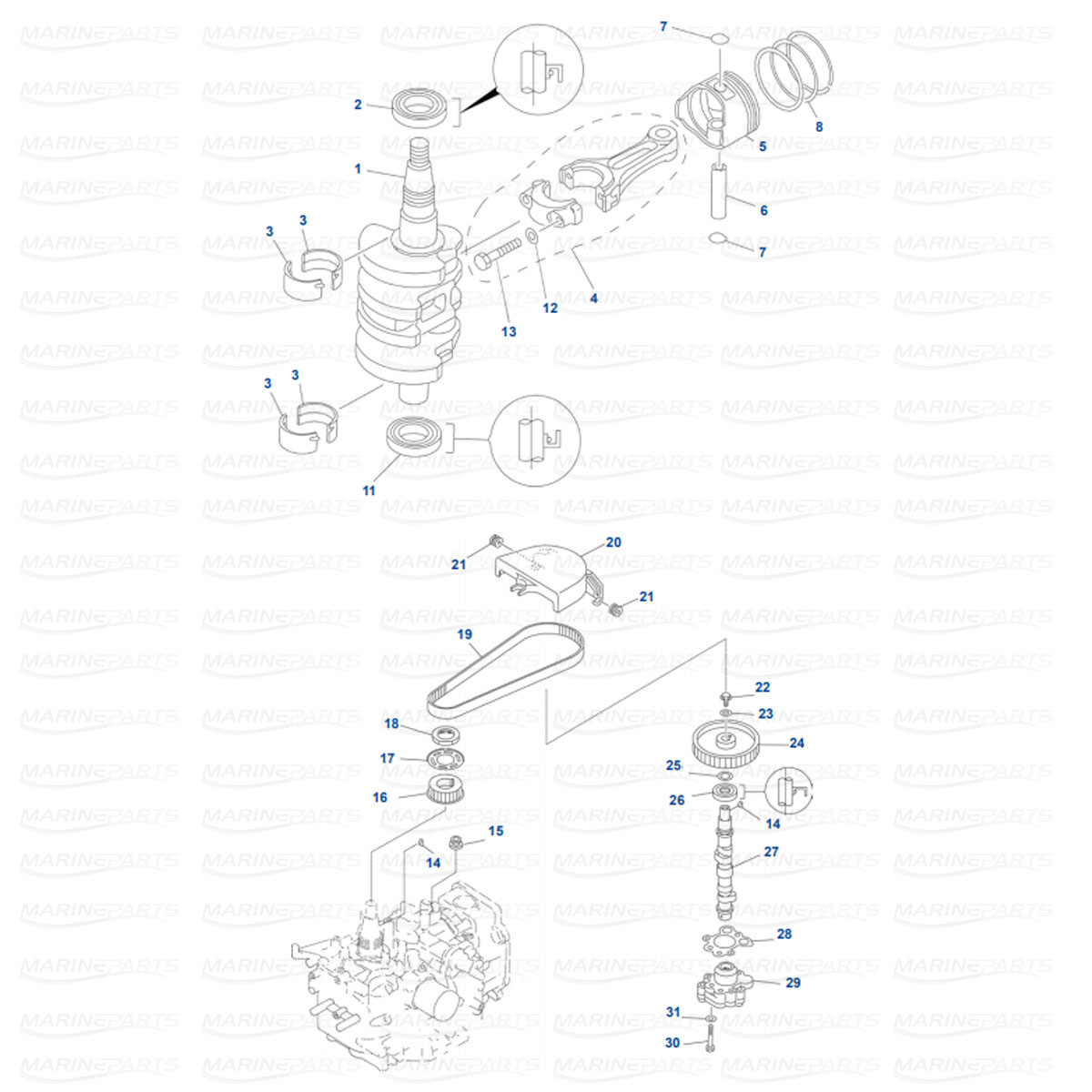 Crankshaft, Piston Mercury 8 (Bodensee)(OP086824-OP4000999), 9.9 (323 CC, OP075166-OP400999), 13.5 (OP134638+), 15 (9973100+) 4-stroke