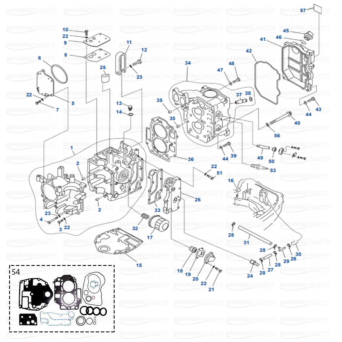 Cylinder Head, Crankcase Mercury 25 (S/N: 9973100+) 4-stroke