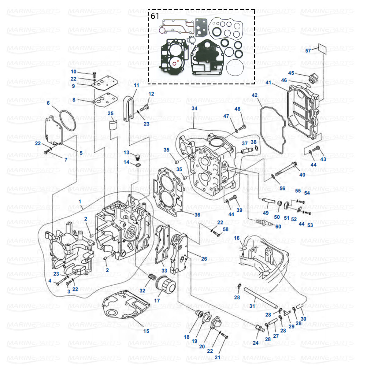 Moottorilohkon varaosia Yamaha FT, F20, F25 (1998-08)