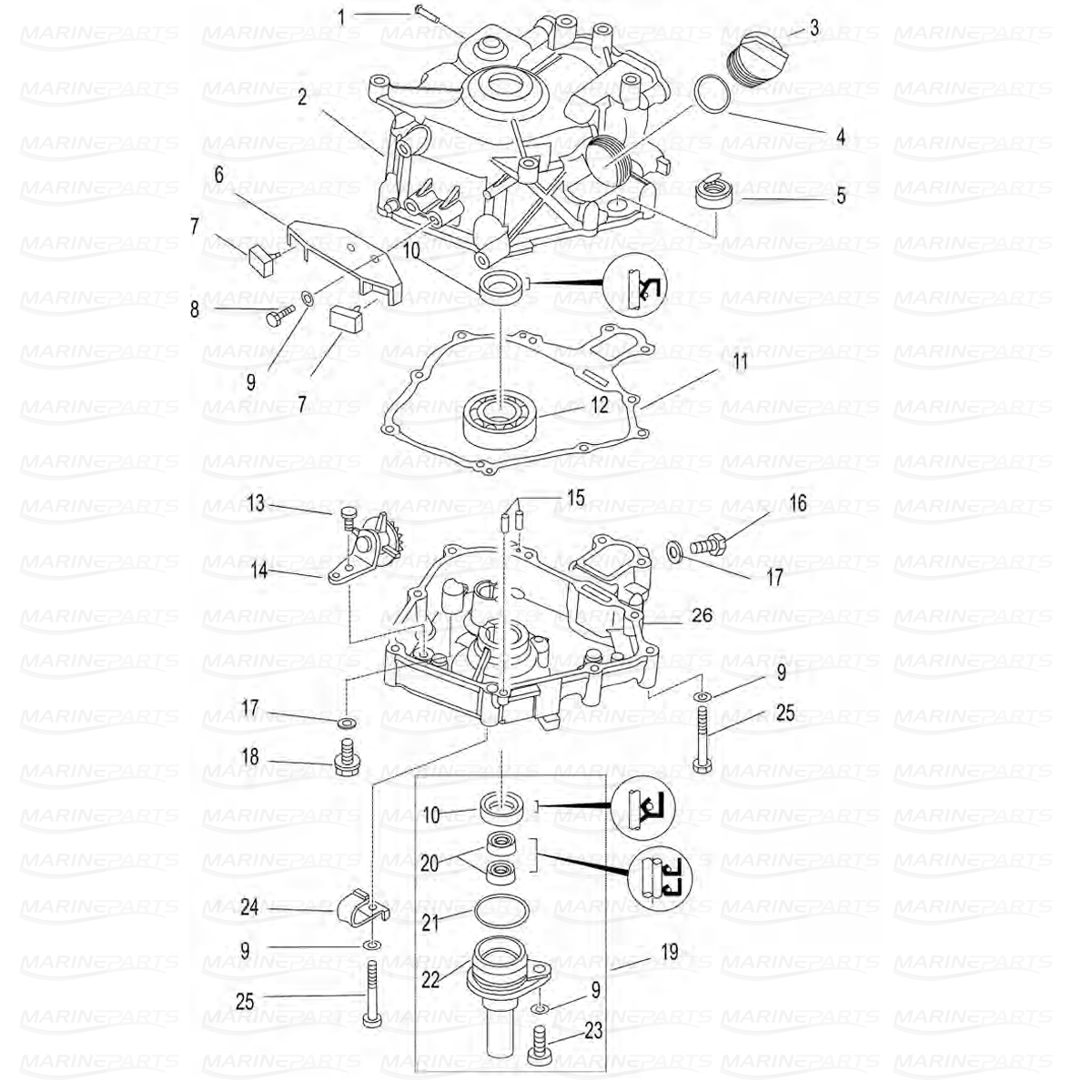 Crankcase and oil pan parts Yamaha F2.5AMH/MLH/MSH/MHA (ALL) (2003+)