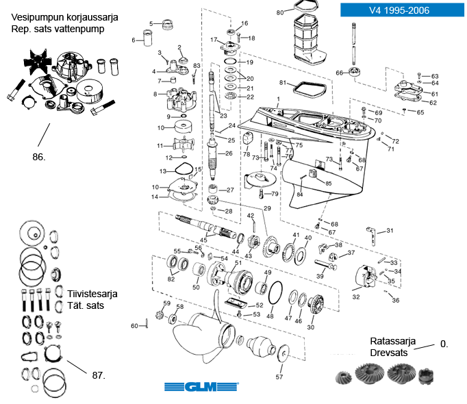 Gearcase parts Evinrude/Johnson V4 60° (1995-2006)