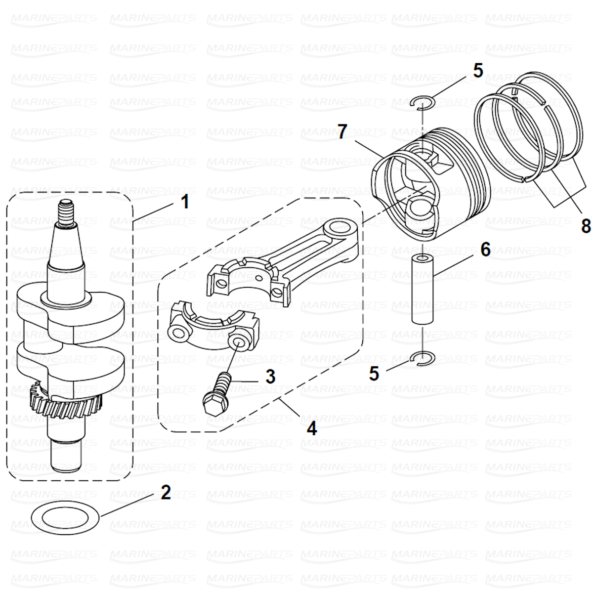 Exploded view crankshaft and piston, Parsun 6 hp