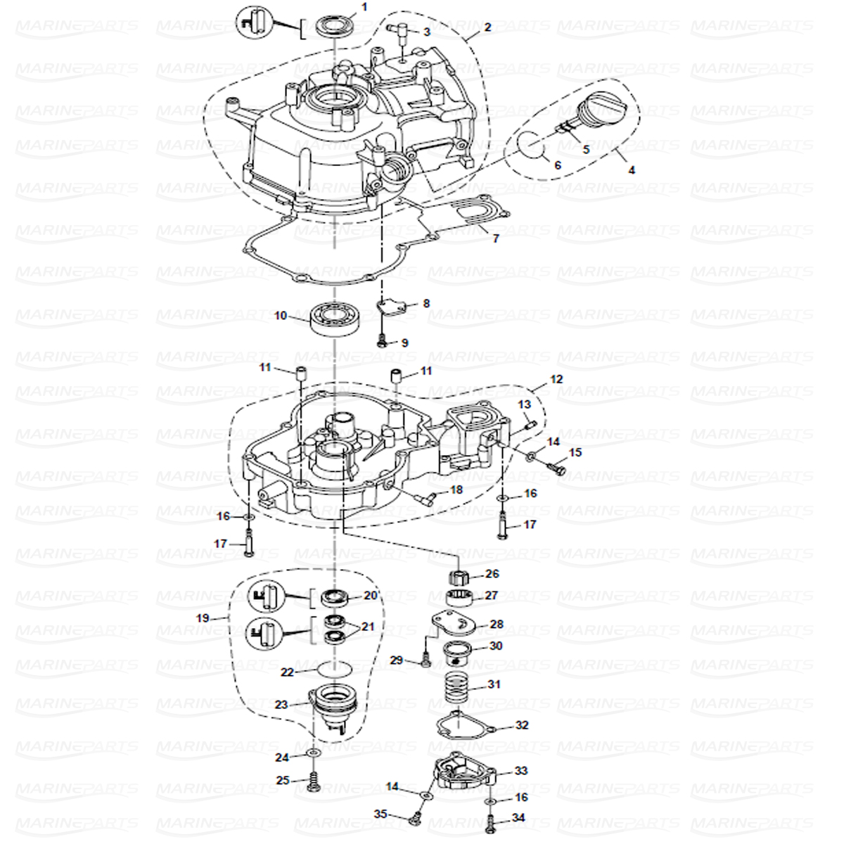 Exploded view crankcase, Parsun 6 hp